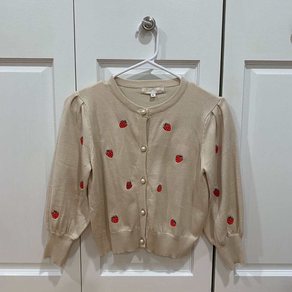 Belle Poque Girls Strawberry Sweater With Pearl Embroidery